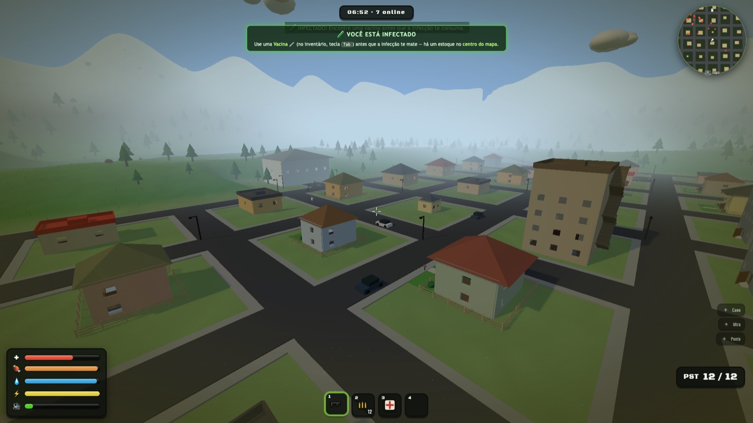 Vista elevada da cidade em jogo, com carros nas ruas, casas, prédios e o minimapa marcando pontos de loot.